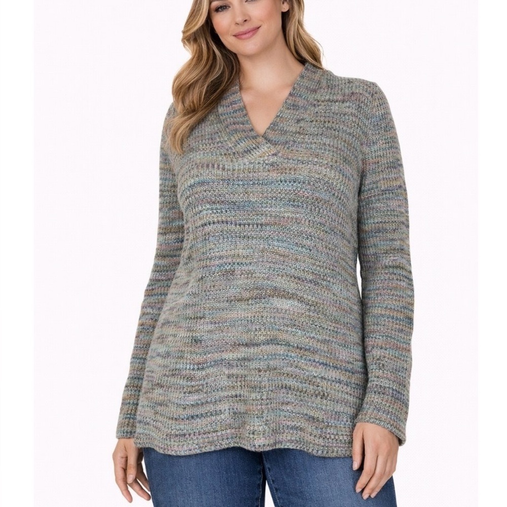 J. Jill Sweater Knit Pullovers Green & Rainbow Marled V-neck Pullover Sweater